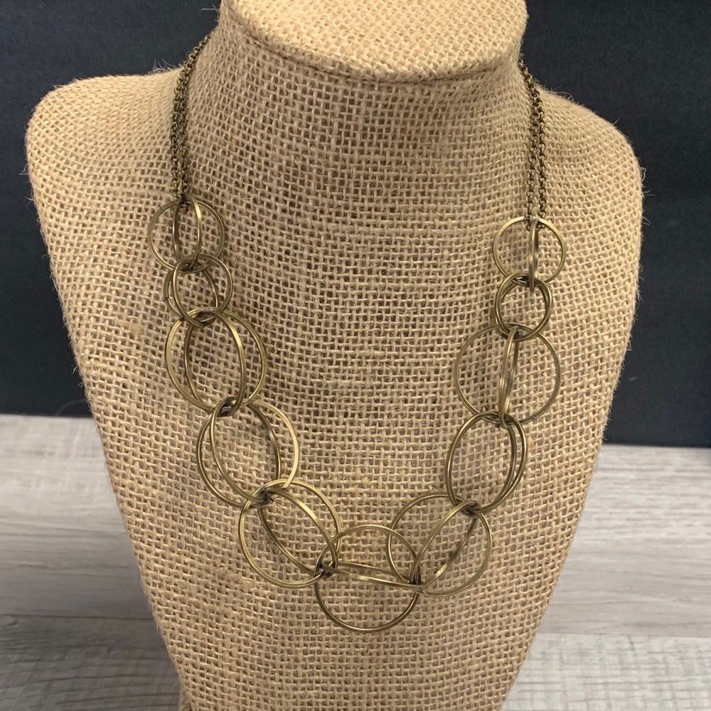 Antique Brass Tone Multi Ring Geometric Statement Link Necklace 16 Inch 5311